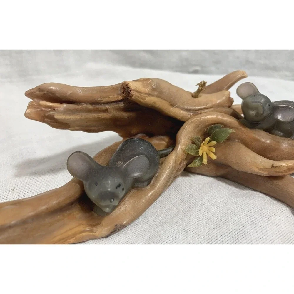Sculpted Candle Two Mice on Logs in Forest Wax Vintage MCM Plastic Flower 9 inch